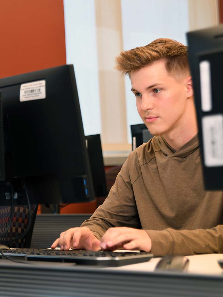 Male student looking at computer.