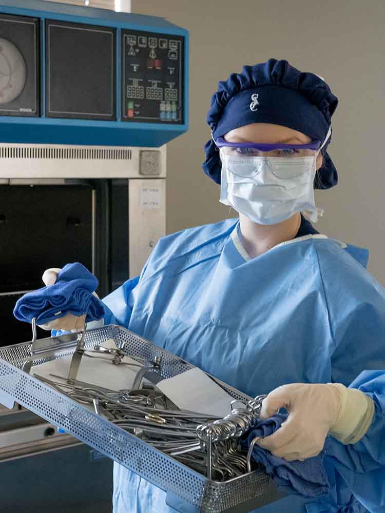 surgical tech holding tray with tools
